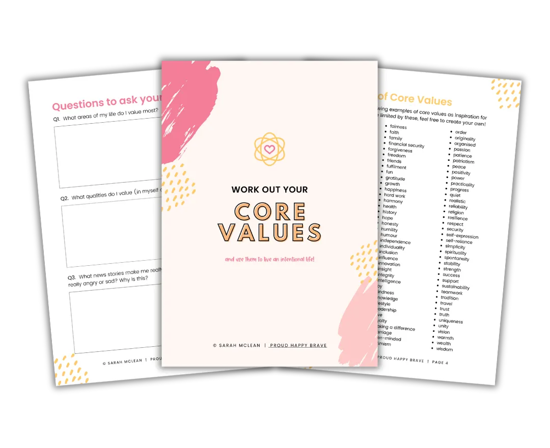 Teaser image of the Work Out Your Core Values Workbook, showing the title page, a list of core values and a journal page with questions