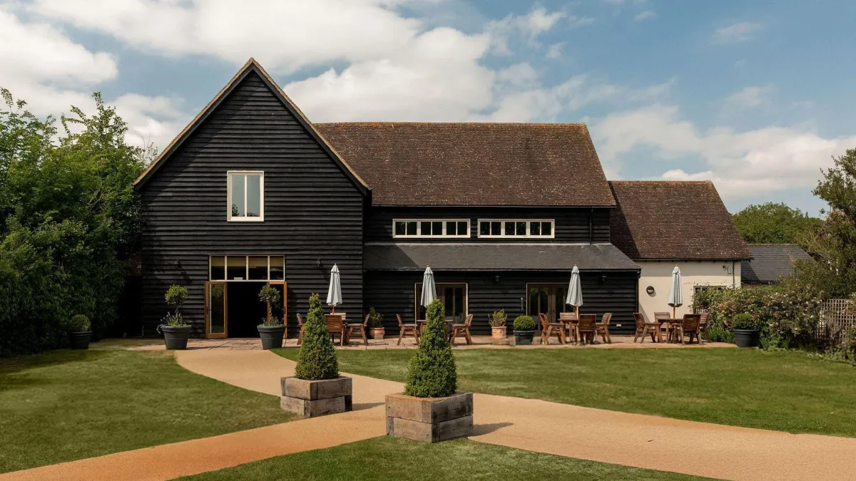 The newly refurbished Essex Barn set up for a wedding reception