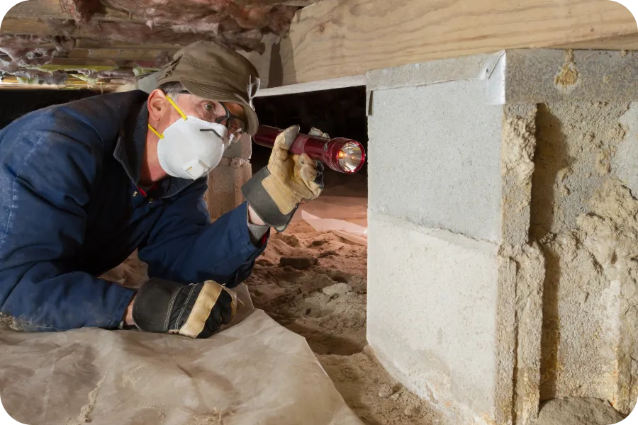 Home inspector wearing safety gear examining a crawlspace foundation — showing local expertise in home inspections in Fort Collins, CO.