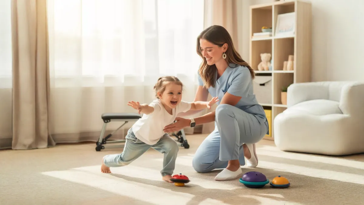 Paediatric Physiotherapist Assisting Kid Ride a Bike