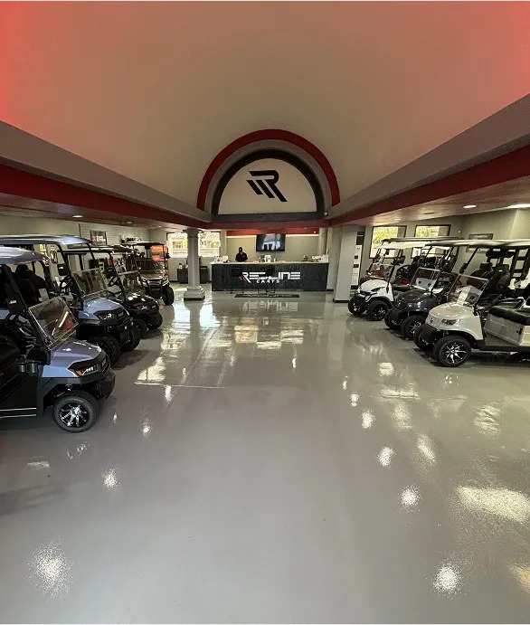 Commercial showroom with high-gloss epoxy flooring and clean finish