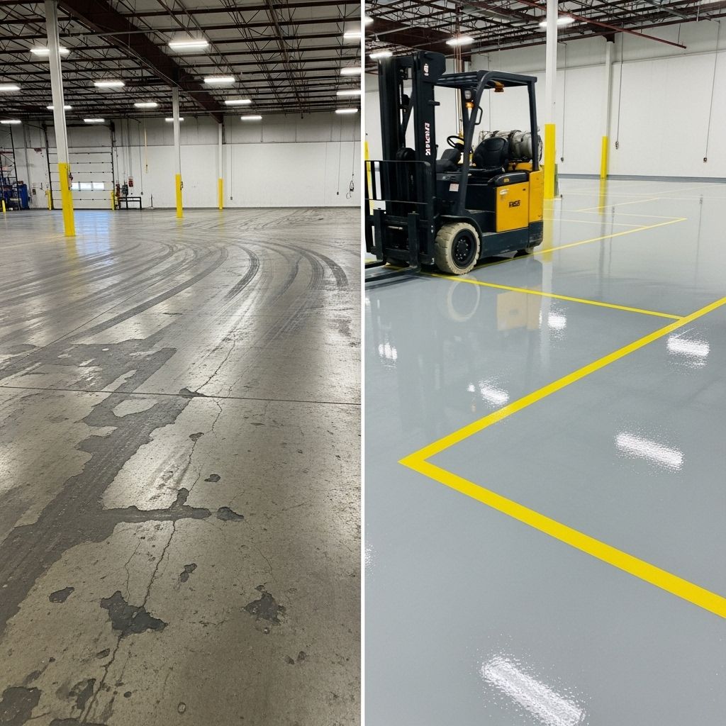 Commercial warehouse with epoxy floor coating and safety line striping