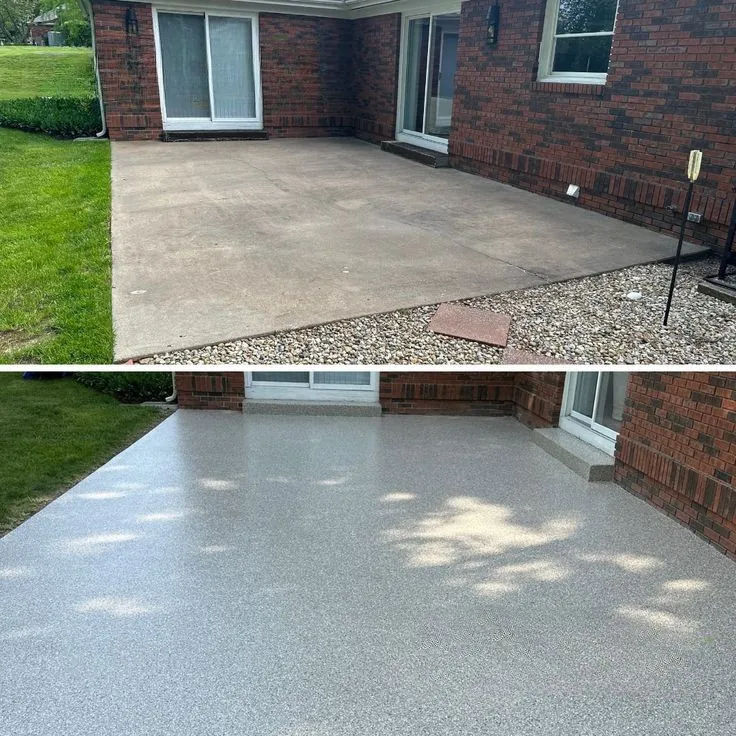 Residential patio with new epoxy flake concrete coating finish