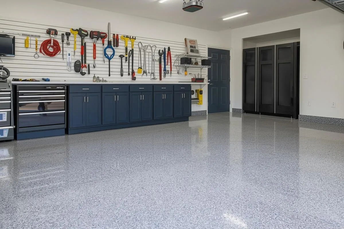 Residential garage with epoxy floor coating and custom storage system