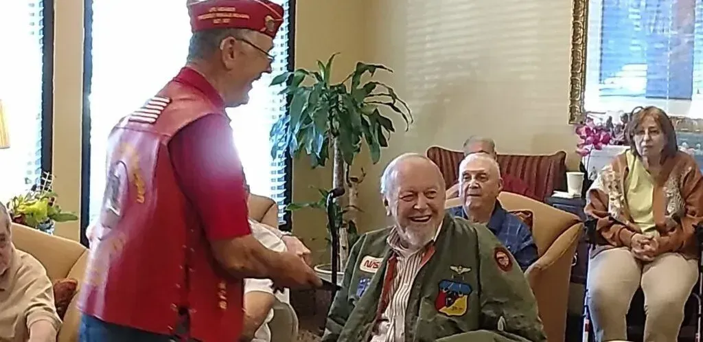 PDD Ben Pfister speaking with Veterans on September 22nd when Military of the Devil Dogs Pound 325 visited the Brookdale Senior Living Solutions in Chatsworth, CA