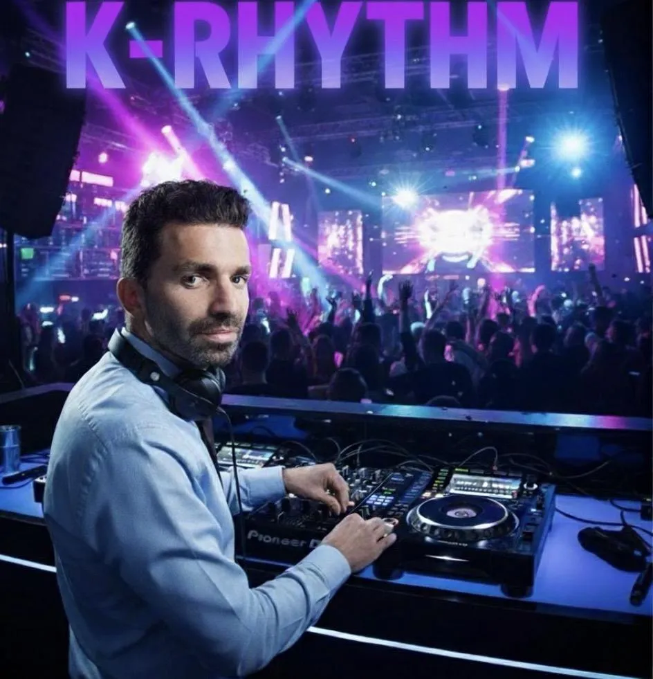 Professional DJ turntable and mixer with RGB LEDs on transparent background