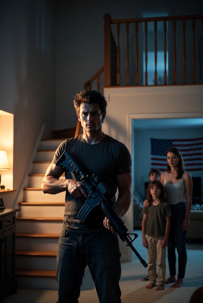 A determined father standing protectively in a modern suburban home interior at dusk, holding a rifle in a ready but safe position, with his family (wife and two children) visible safely behind him in a dimly lit hallway. Dramatic but hopeful lighting, American flag subtly in background, high detail, realistic style, cinematic composition emphasizing strength and vigilance.