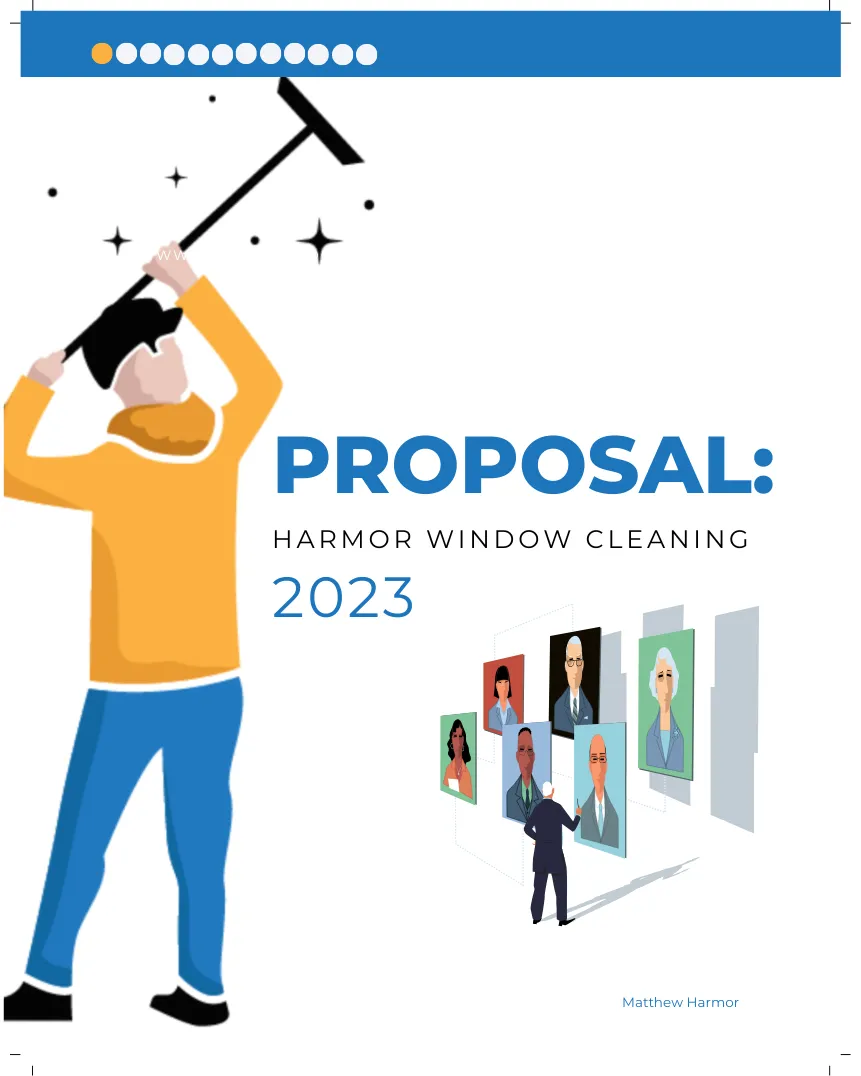 A proposal from Harmor Window Cleaning for comprehensive residential or commercial window cleaning services. The company is insured and has a strong reputation, with over 100 five-star reviews.