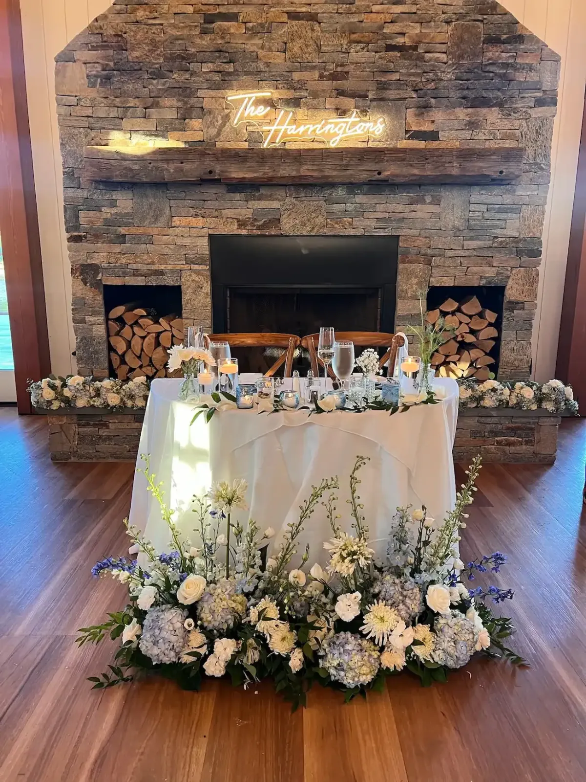 Elegant wedding floral design with white and blue hydrangeas by Marblehead MA florist