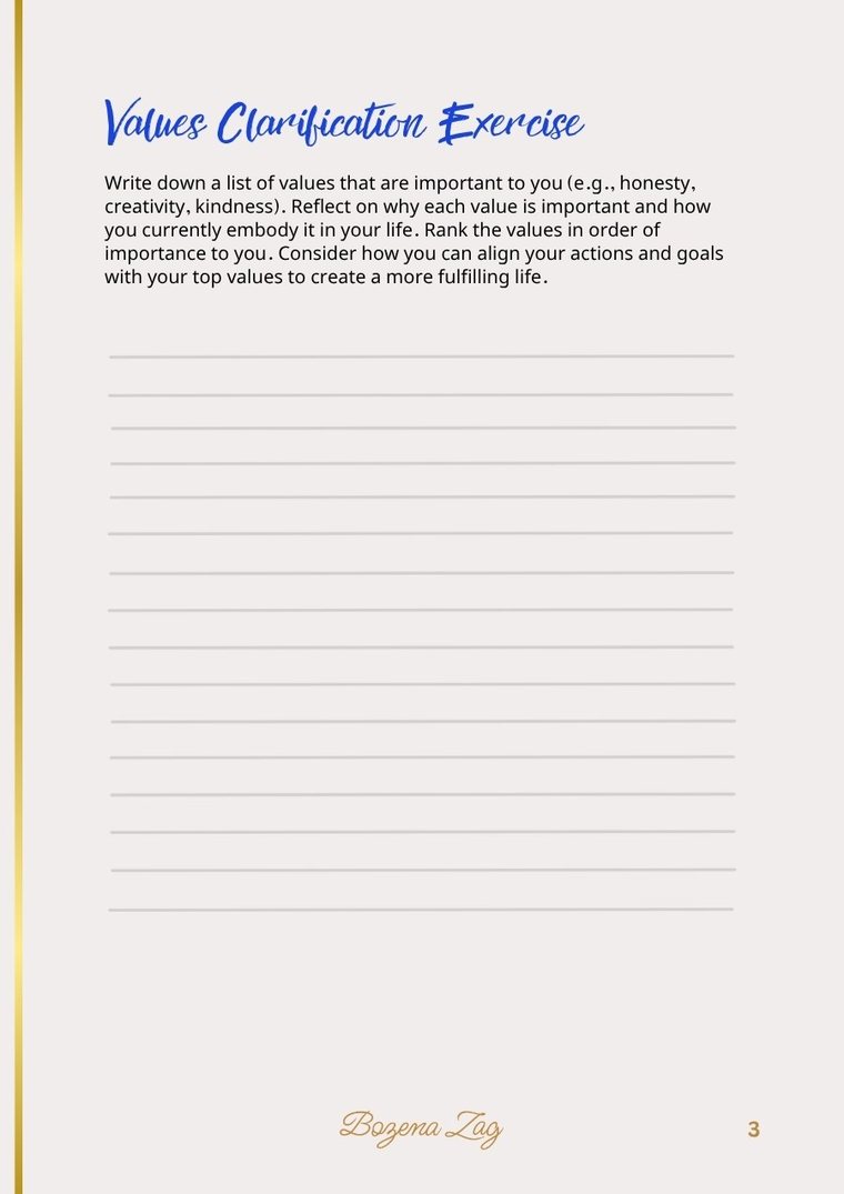 Workbook page: values clarification exercise, with space to write