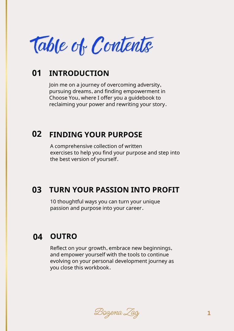 Workbook page: table of contents