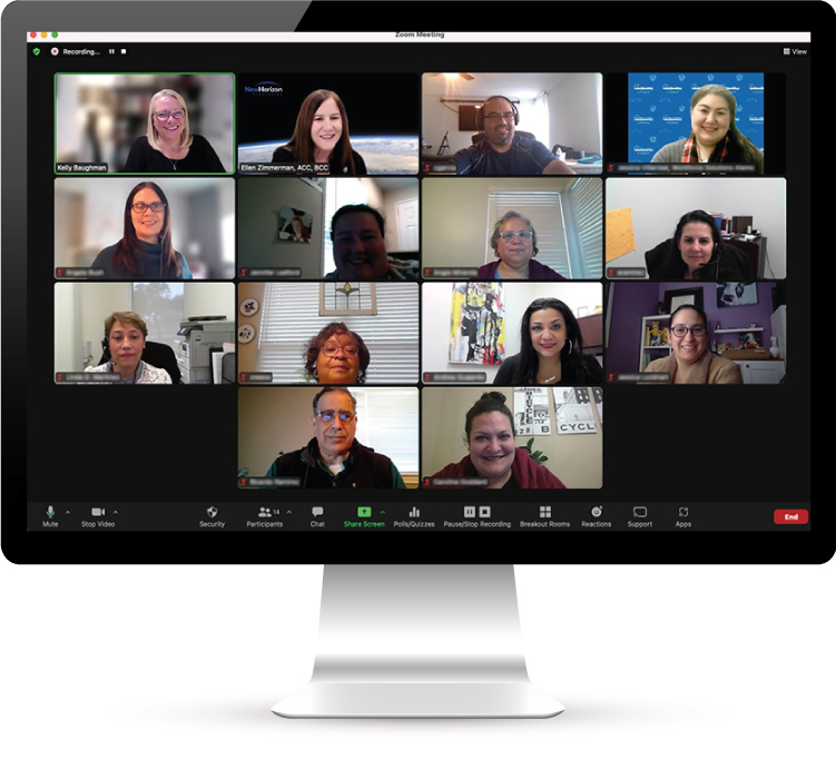 Computer monitor displaying a remote team facilitation and virtual executive coaching session via video conference