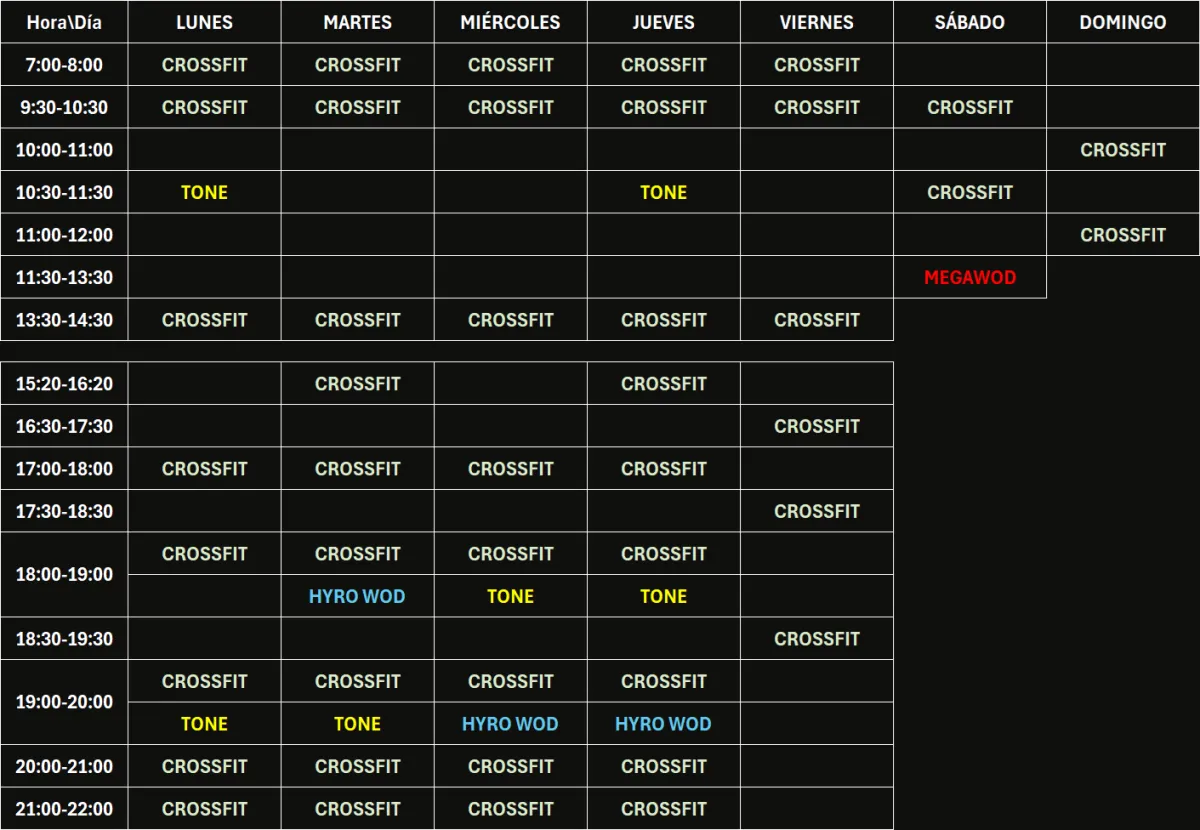 tabla con horario de clases del centro