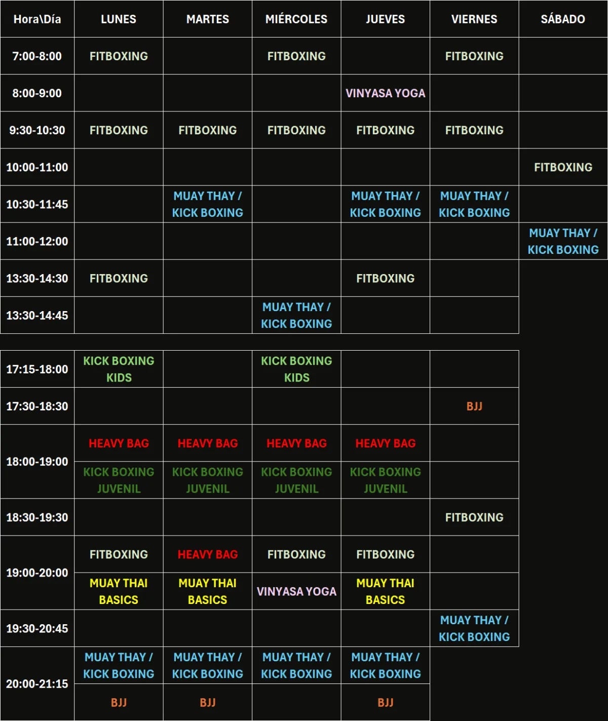 tabla con horario de clases del centro