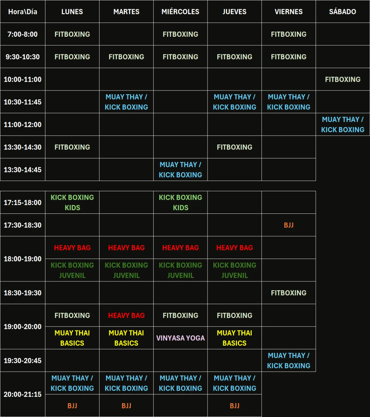 tabla con horario de clases del centro