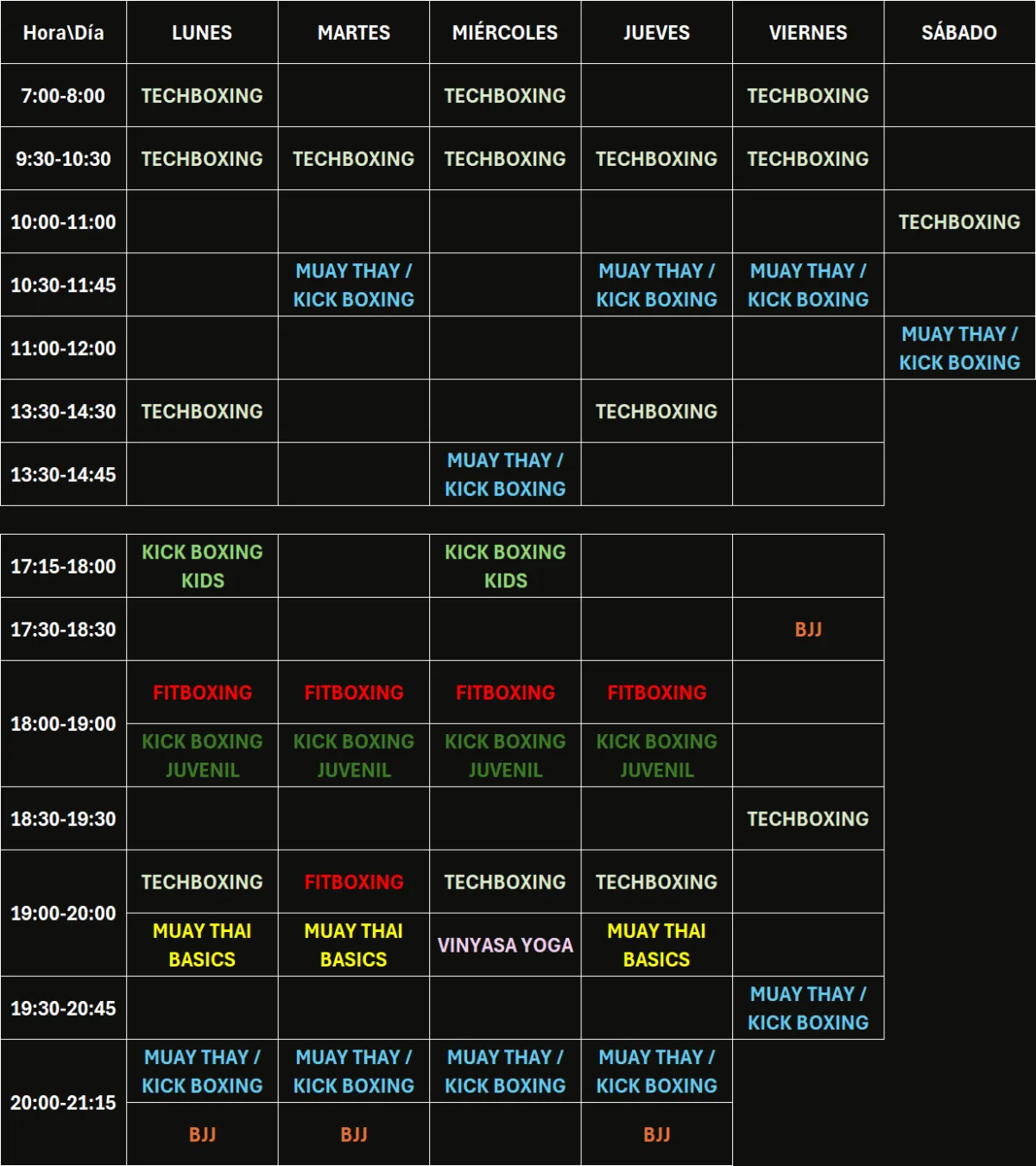 tabla con horario de clases del centro