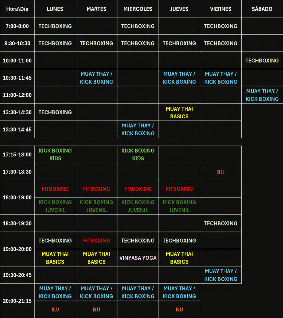 tabla con horario de clases del centro
