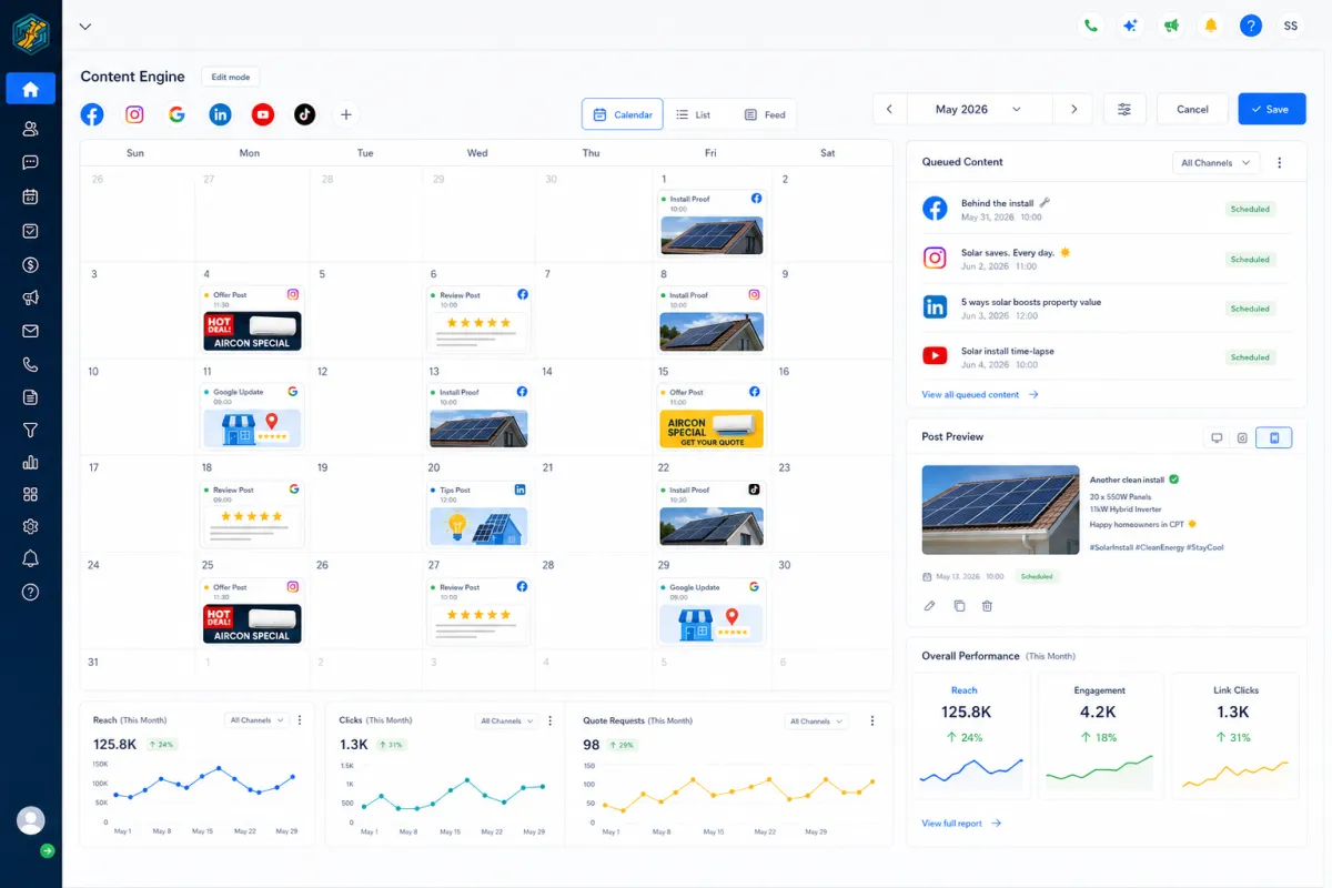 Light dashboard mockup showing a monthly social content calendar with offer, review, and solar proof posts