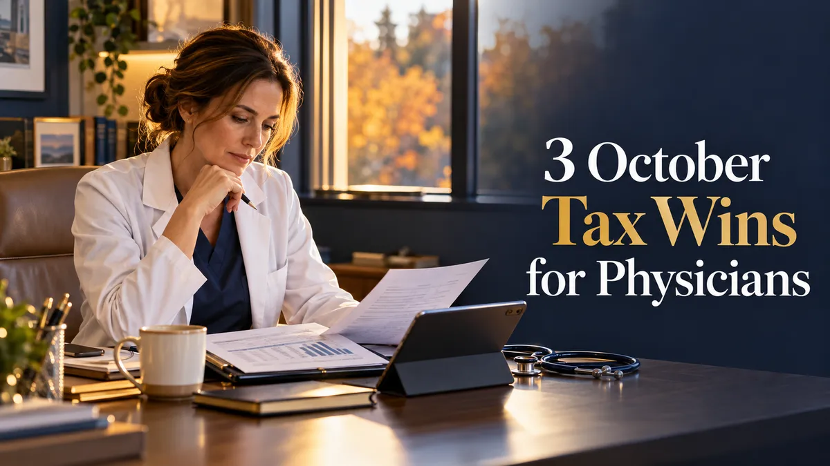 Physician reviewing financial documents at her office desk beside the headline “3 October Tax Wins for Physicians.”