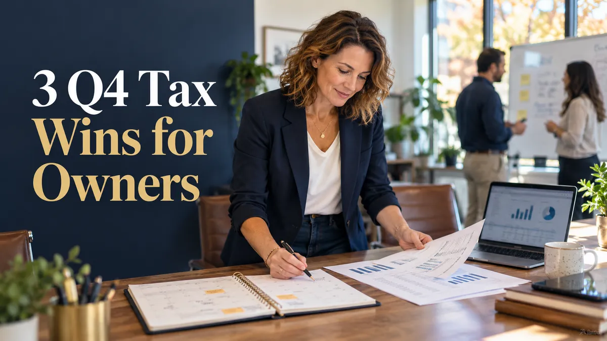 Business owner reviewing financial statements and a planning calendar beside the headline “3 Q4 Tax Wins for Owners.”