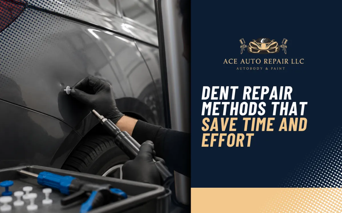 Technician inspecting dent repair methods for a damaged vehicle panel