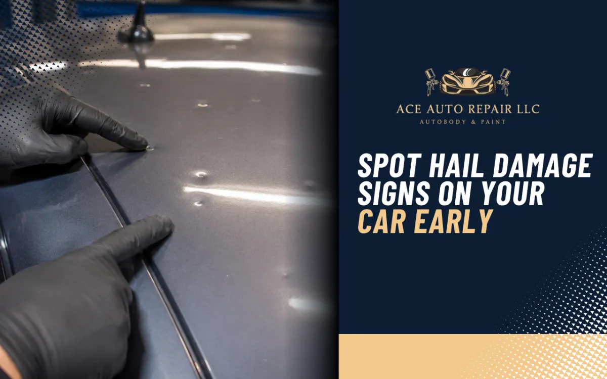 Hail damage signs on car roof after a severe storm