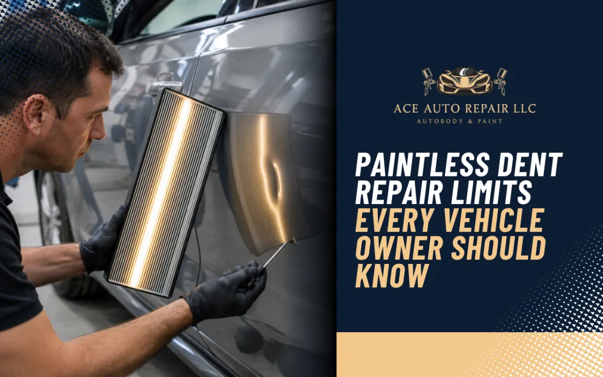Technician checking paintless dent repair limits on a car door dent