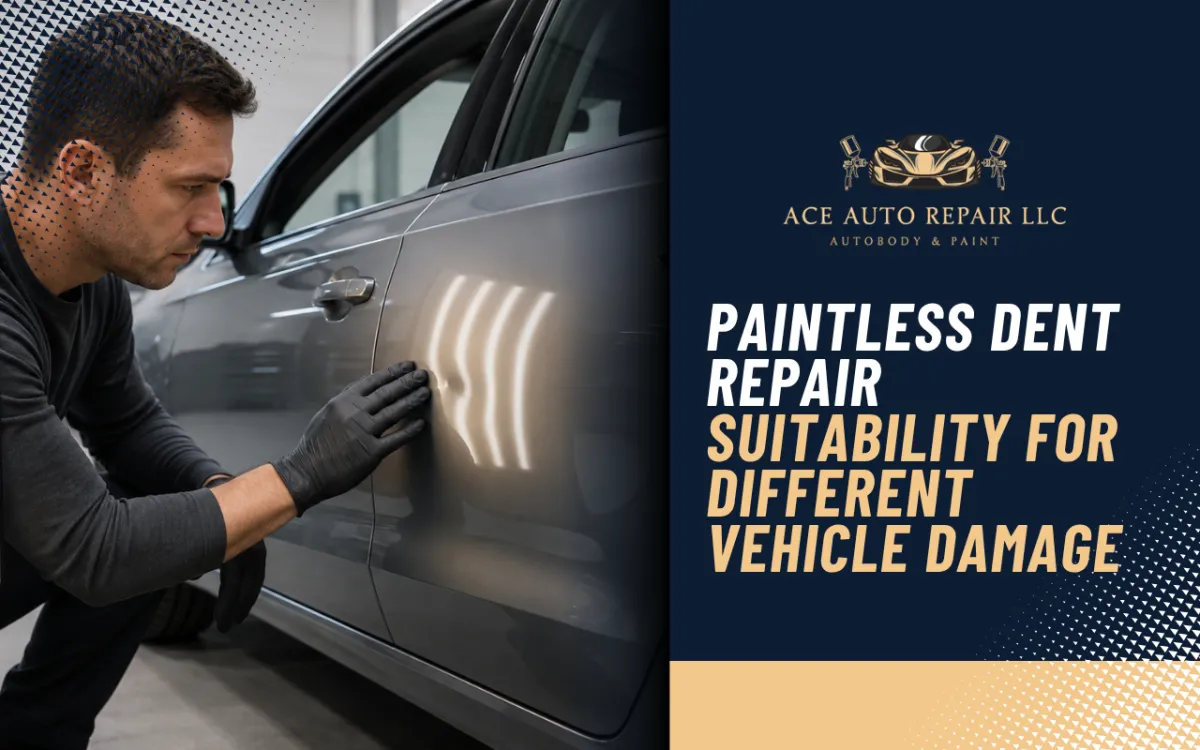 Technician checking paintless dent repair suitability on a vehicle panel