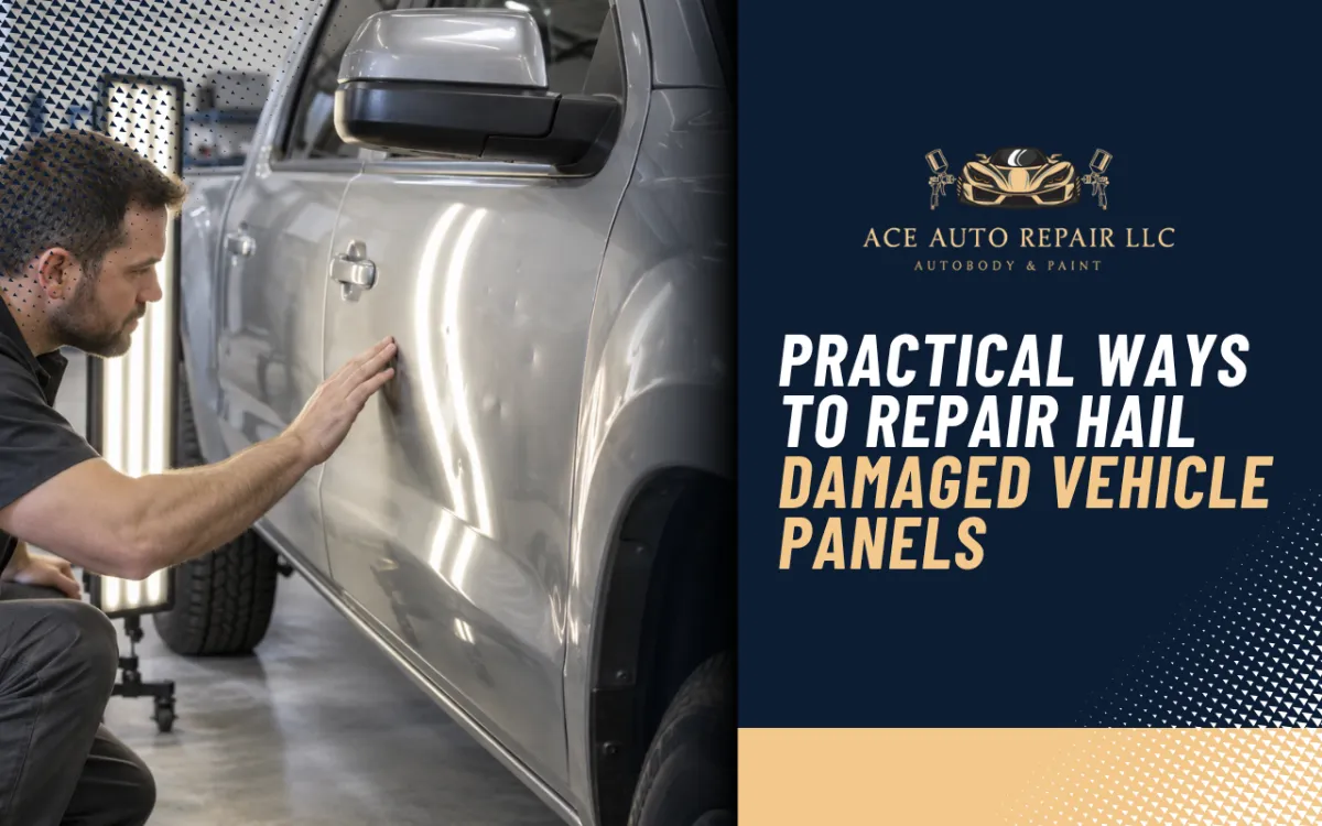 Technician inspecting hail damaged vehicle panels after a storm