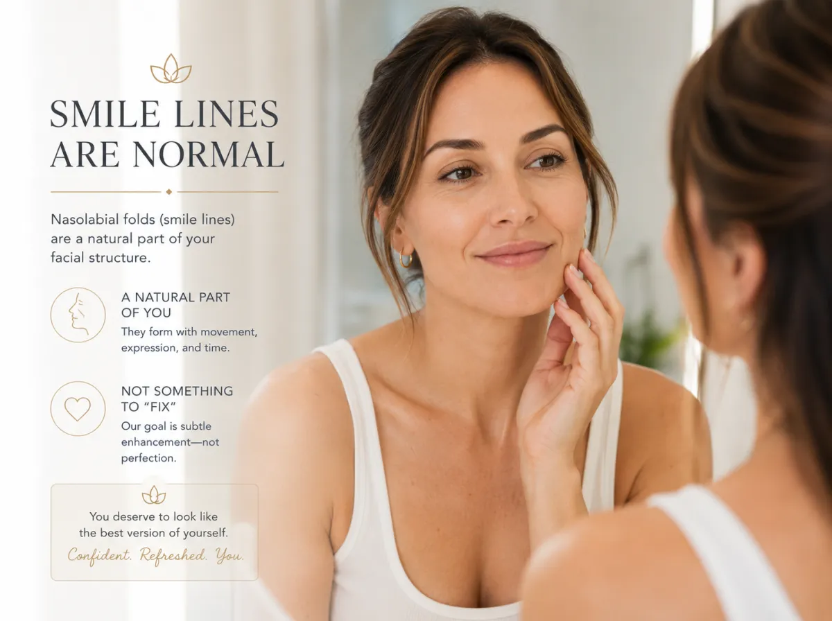 Natural-looking woman in her 30s smiling softly while looking in a mirror, showing subtle smile lines and nasolabial folds in a bright, premium skincare setting.