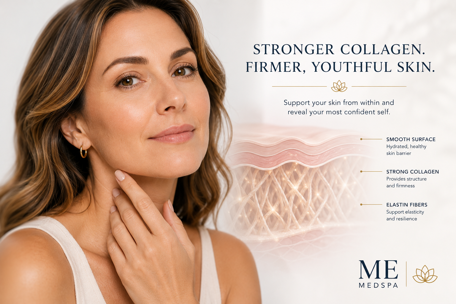 "Confident woman in her early 40s gently touching her jawline with healthy, natural-looking skin, alongside a medical illustration of collagen-rich skin layers in a clean, premium medspa setting."