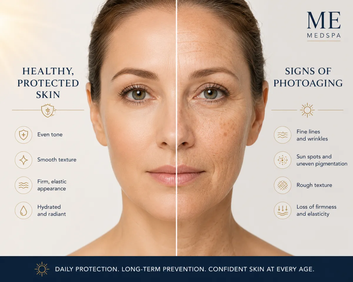 Comparison of healthy skin and skin showing signs of long-term sun damage