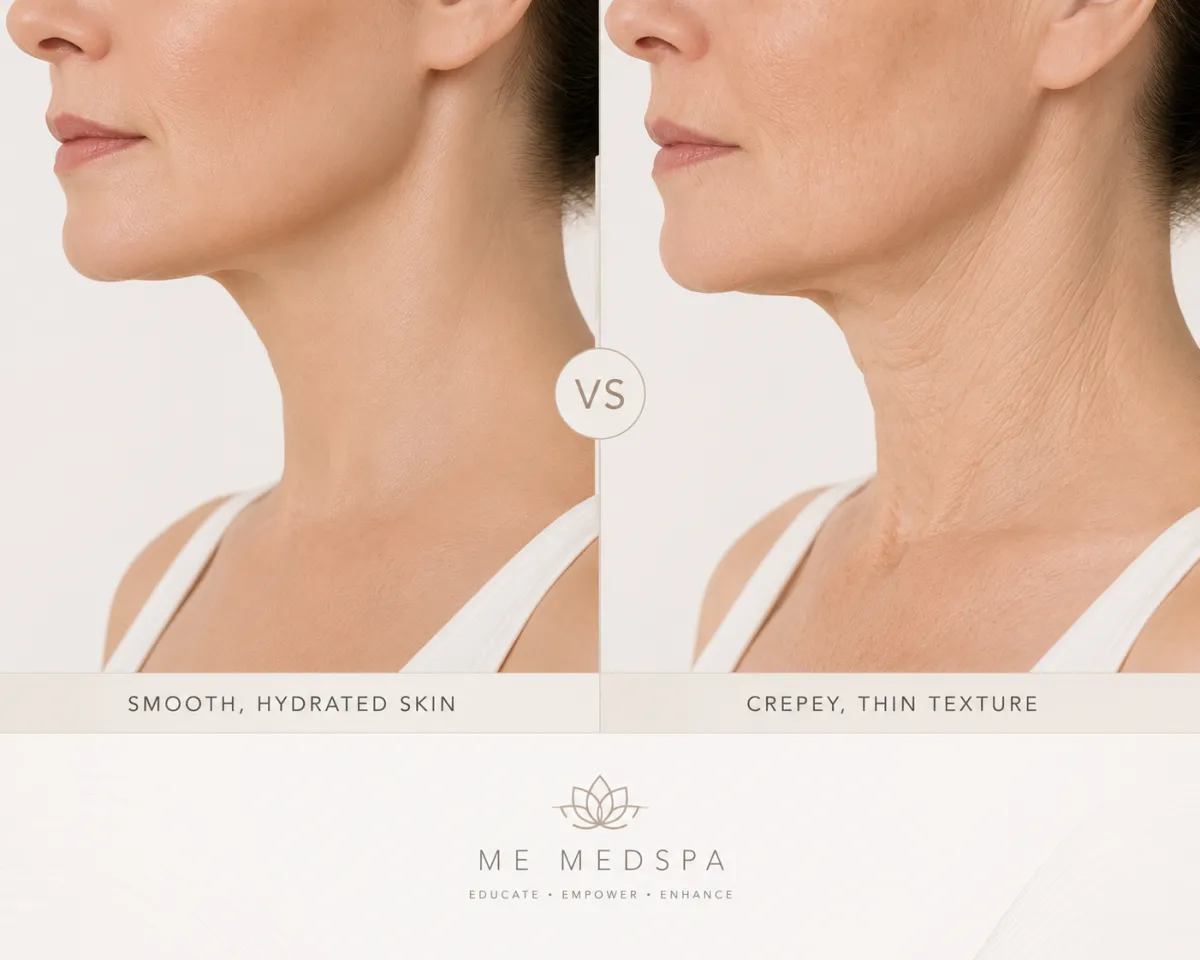 Educational comparison of healthy skin and skin showing a thin crepey texture