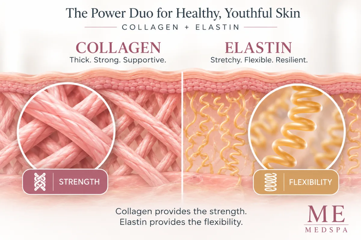 Medical illustration comparing collagen for skin strength and elastin for skin flexibility