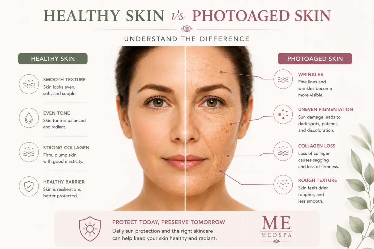 Educational illustration comparing healthy skin with photoaged skin caused by long-term UV exposure
