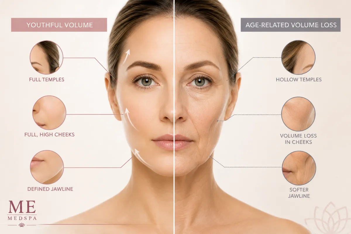 Educational illustration showing youthful facial volume compared with age-related facial volume loss
