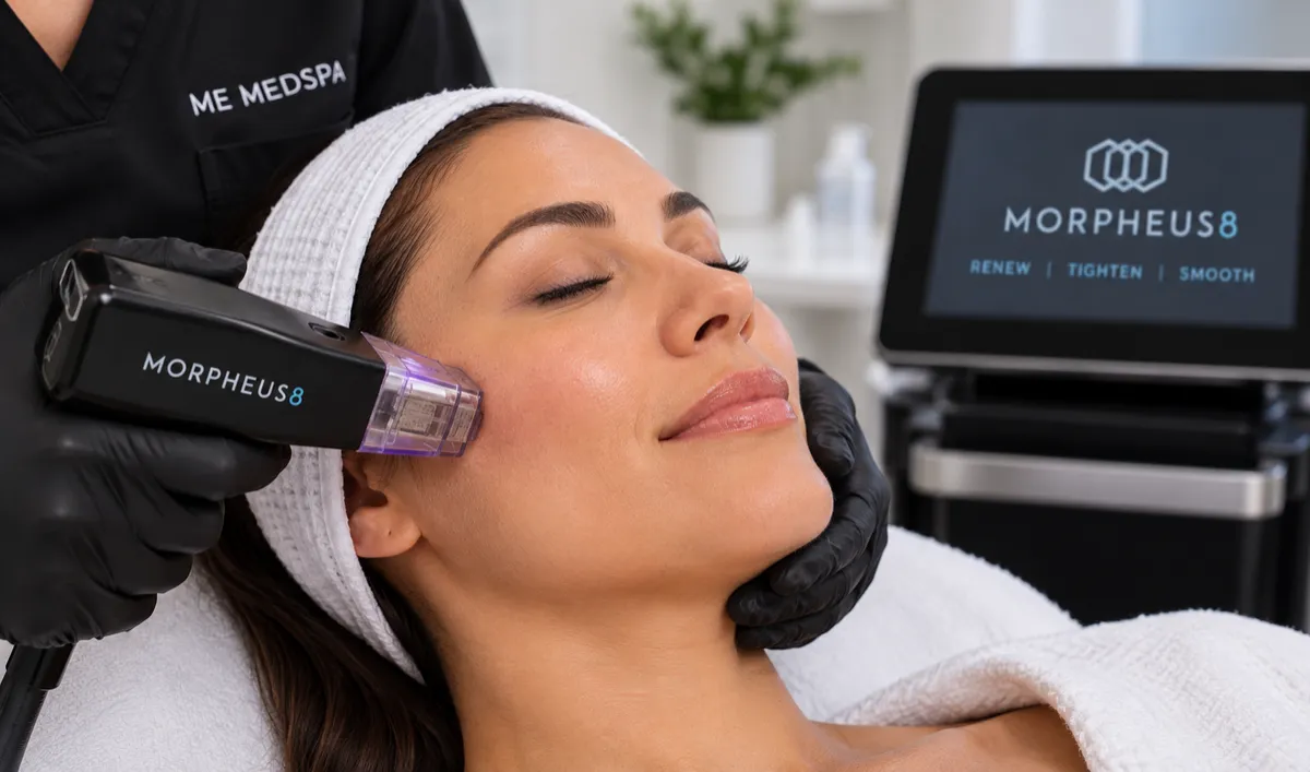 Woman receiving fractional microneedling on the cheek for acne scars, wrinkles, and uneven skin texture
