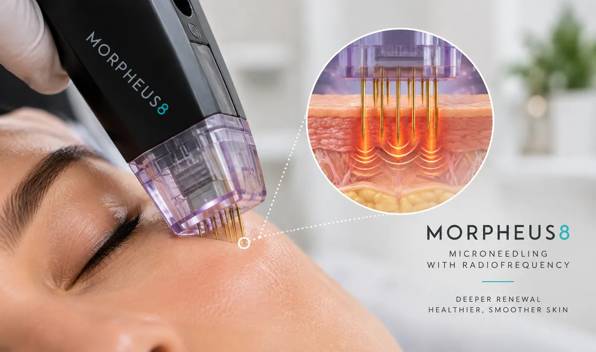 Morpheus8 radiofrequency microneedling device showing controlled needle penetration into the skin during facial treatment