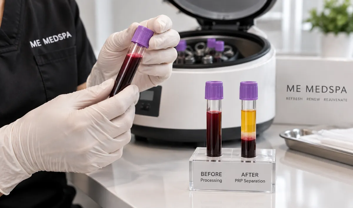 Woman discussing optional PRP treatment with a medspa provider while platelet-rich plasma is prepared from a blood sample