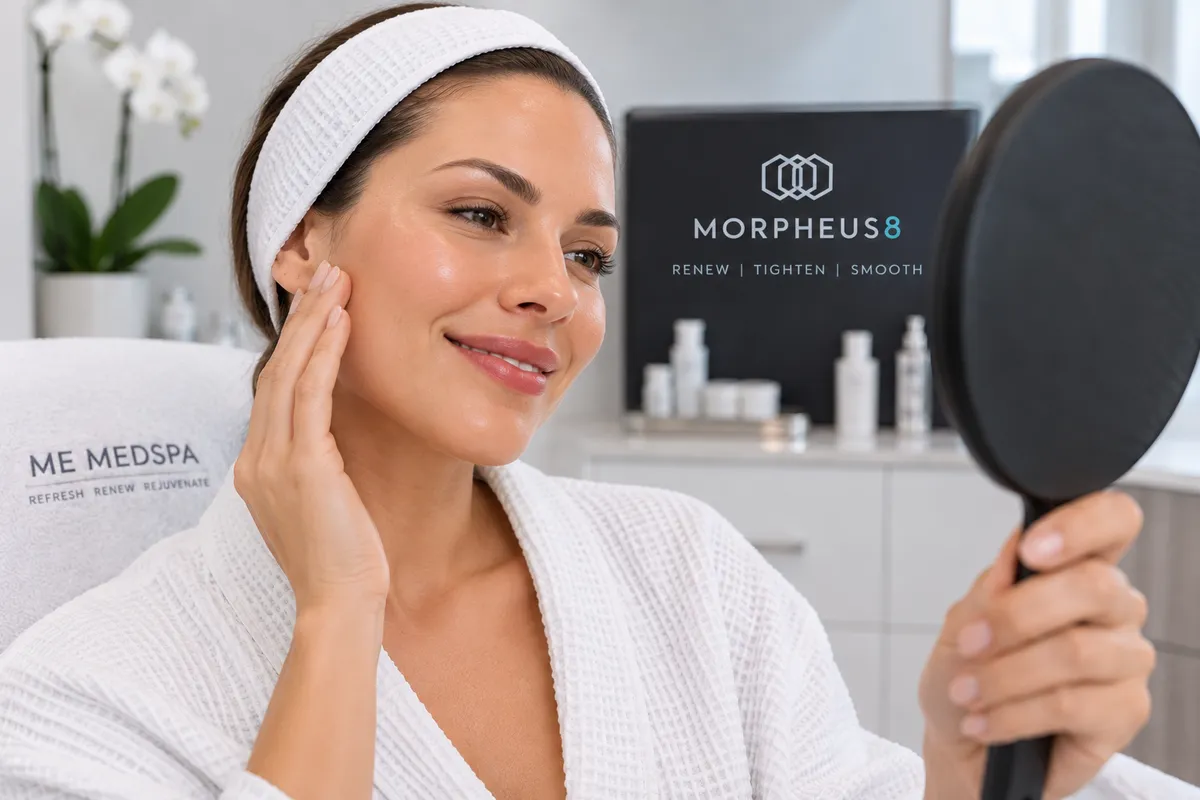 Woman examining her smoother refreshed-looking skin after a fractional microneedling treatment at a medical spa