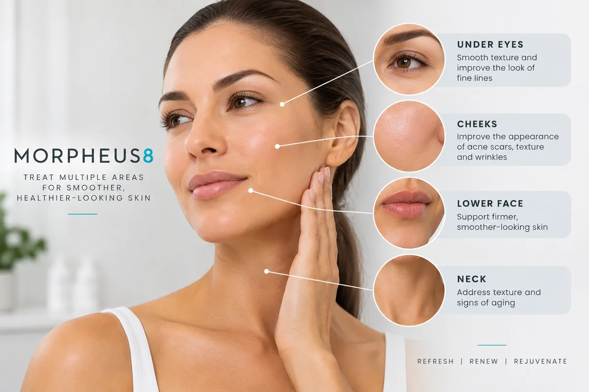 Woman receiving a professional skin assessment for fractional microneedling treatment areas including the cheeks, forehead, and jawline