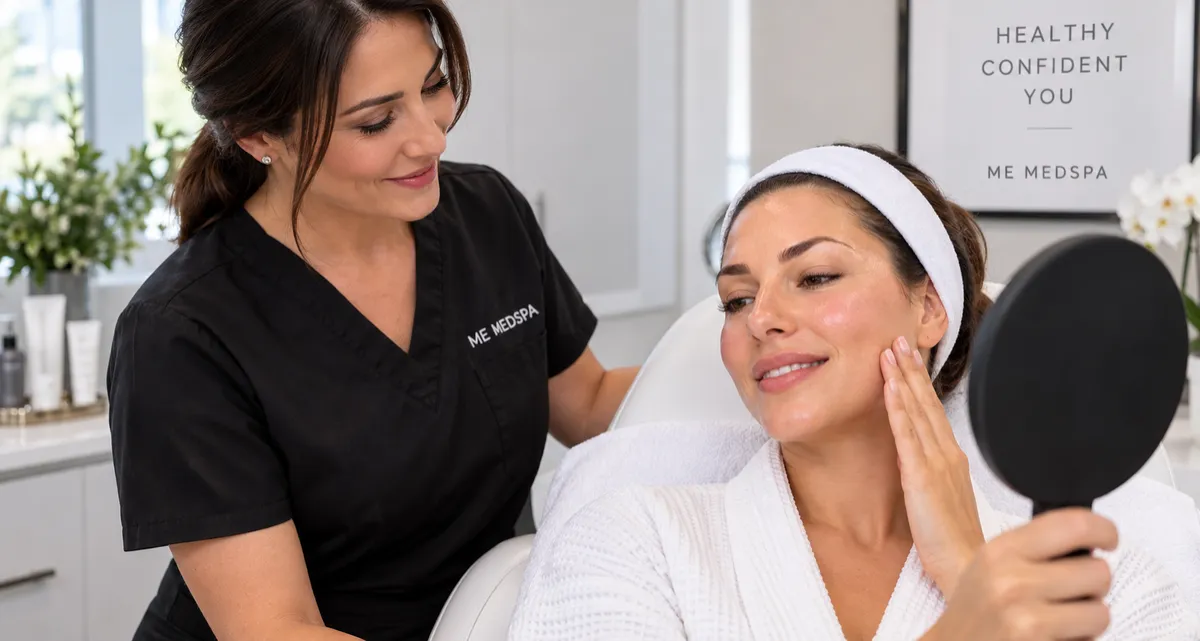 Woman applying gentle skincare to her cheek while following fractional microneedling aftercare instructions