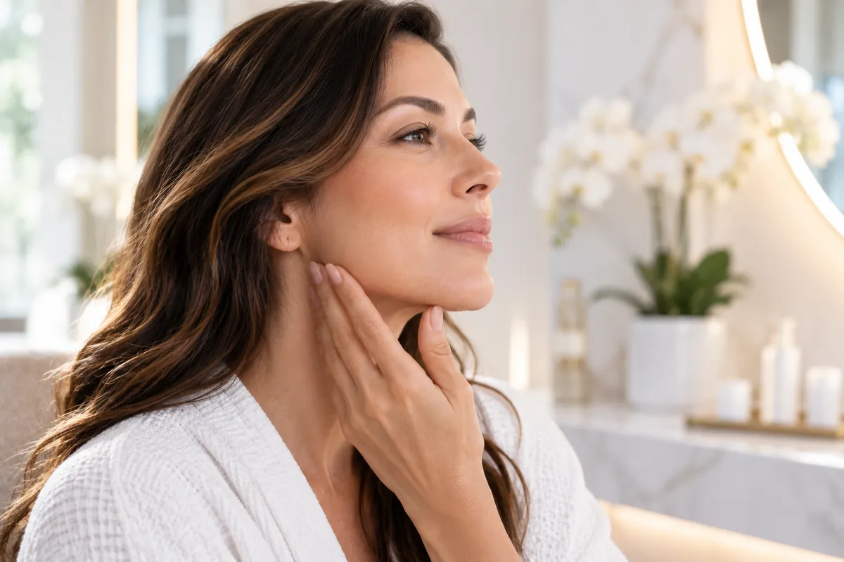 Woman touching her jawline while considering non-surgical skin tightening treatments in Monterey Park