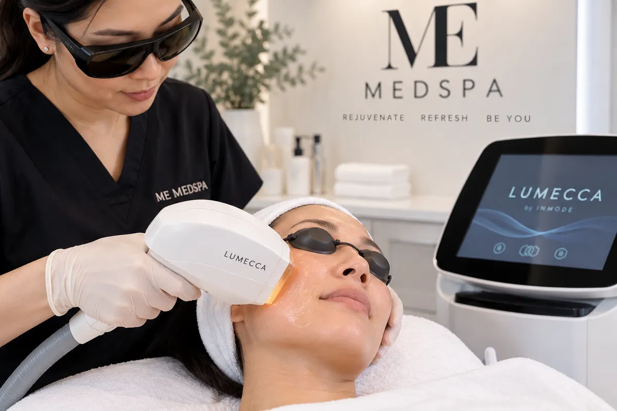 ME MEDSPA provider performing a Lumecca IPL facial treatment on a patient wearing protective eyewear.