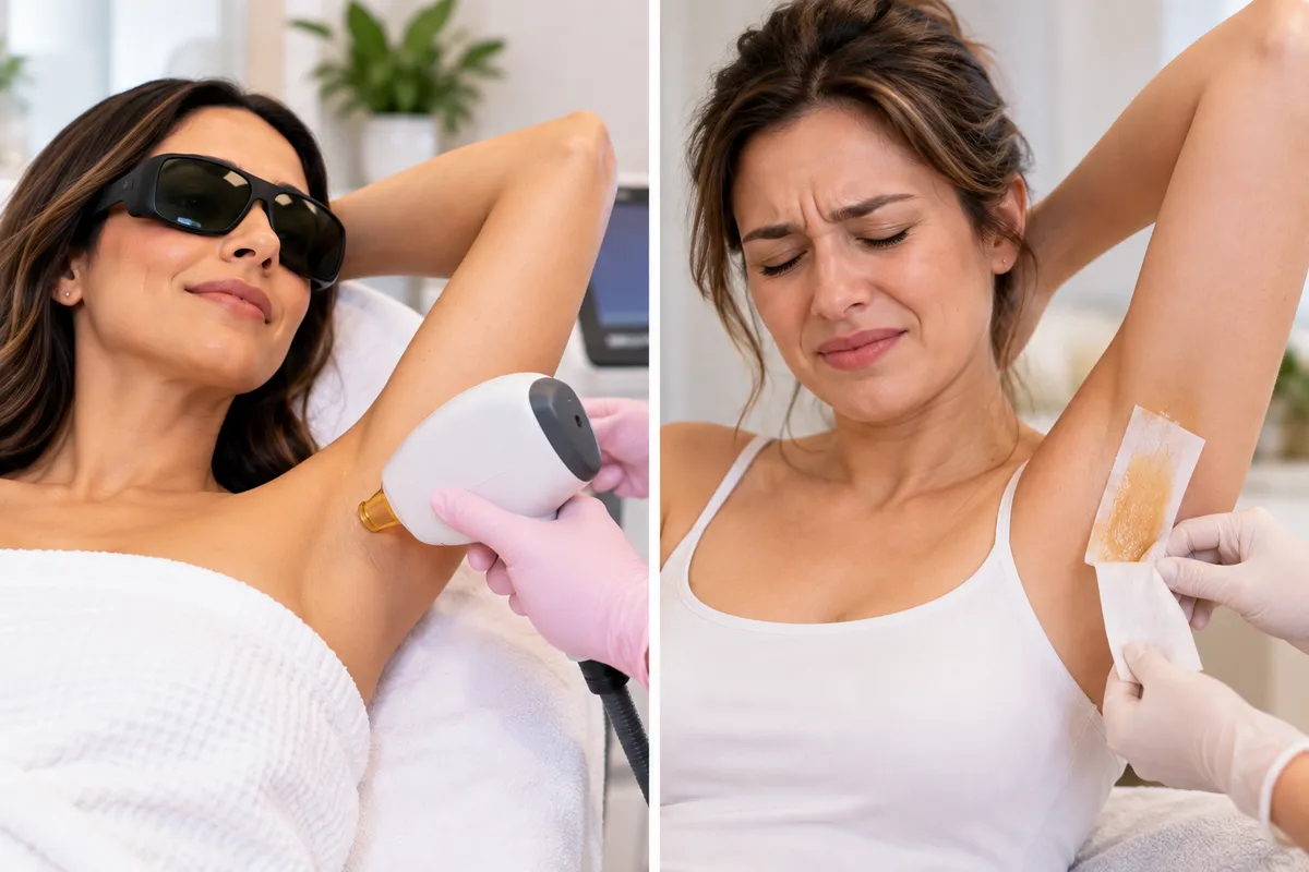 Side-by-side comparison of professional underarm laser hair removal and traditional underarm waxing in clean, bright treatment settings.