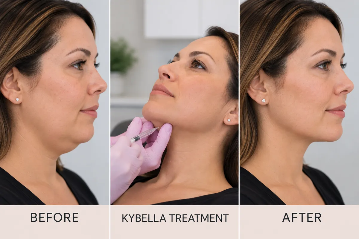 Before, Kybella treatment, and after views showing treatment of submental fullness beneath a woman's chin