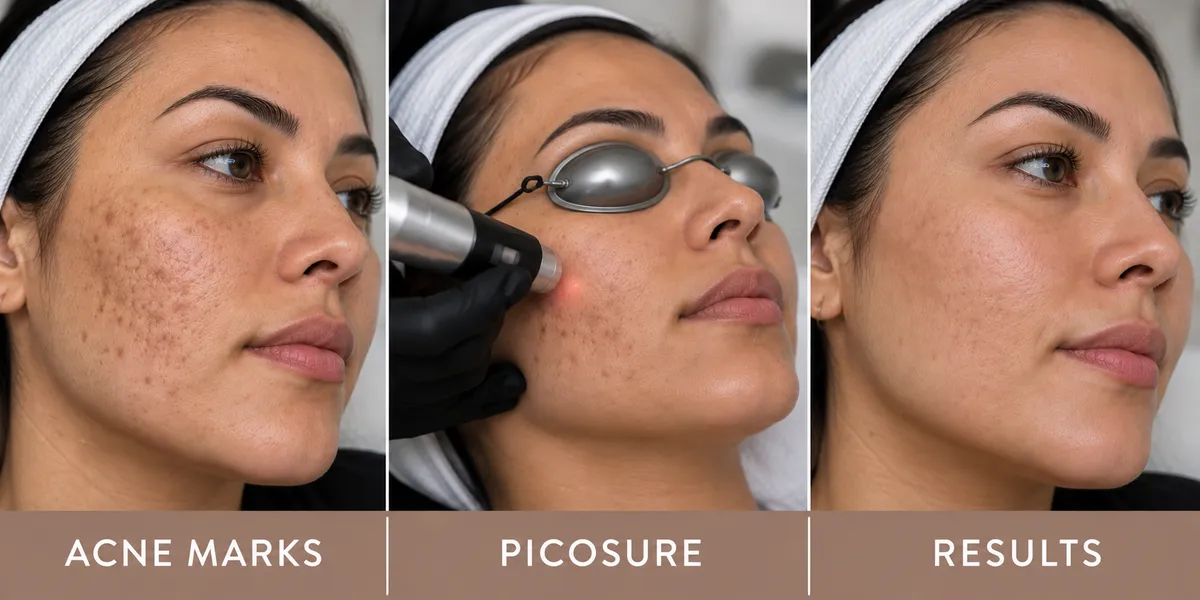 Post-acne marks before PicoSure treatment, professional laser treatment, and realistic improvement afterward