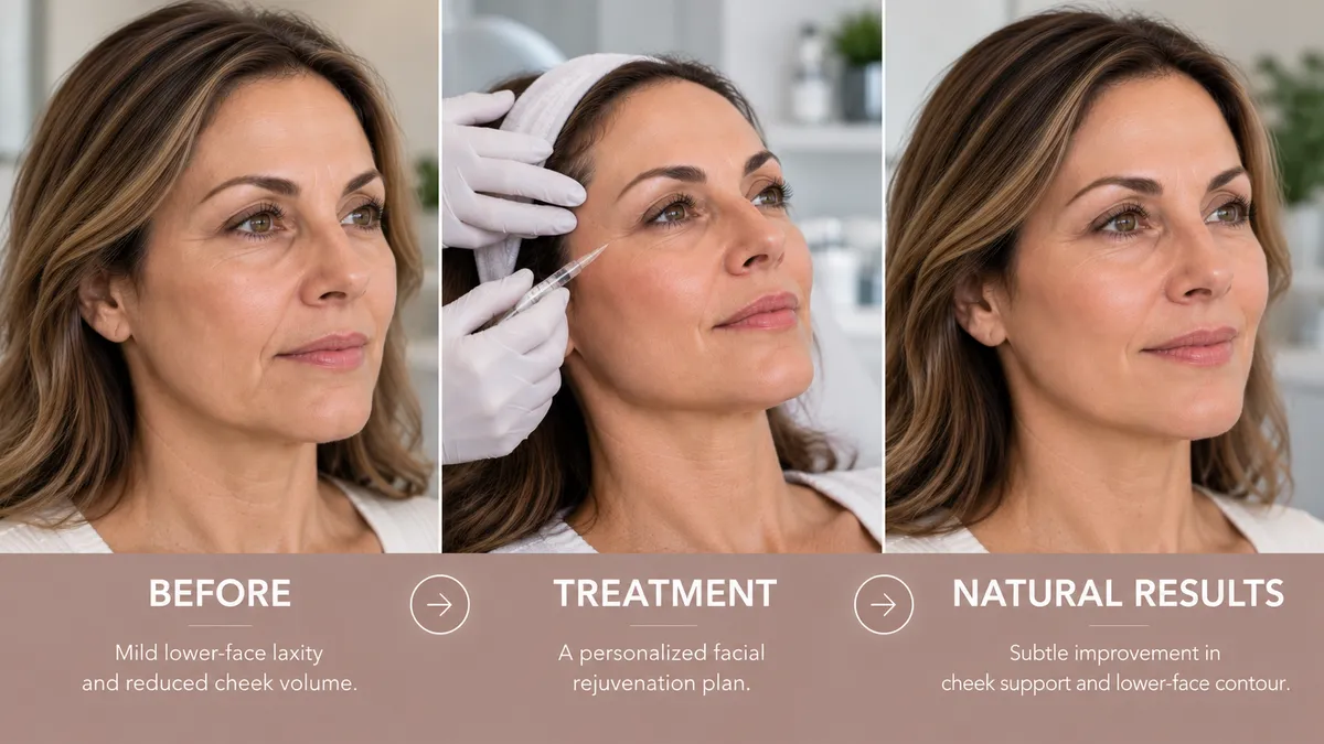 Before, facial rejuvenation treatment, and natural-looking results for facial laxity and volume loss