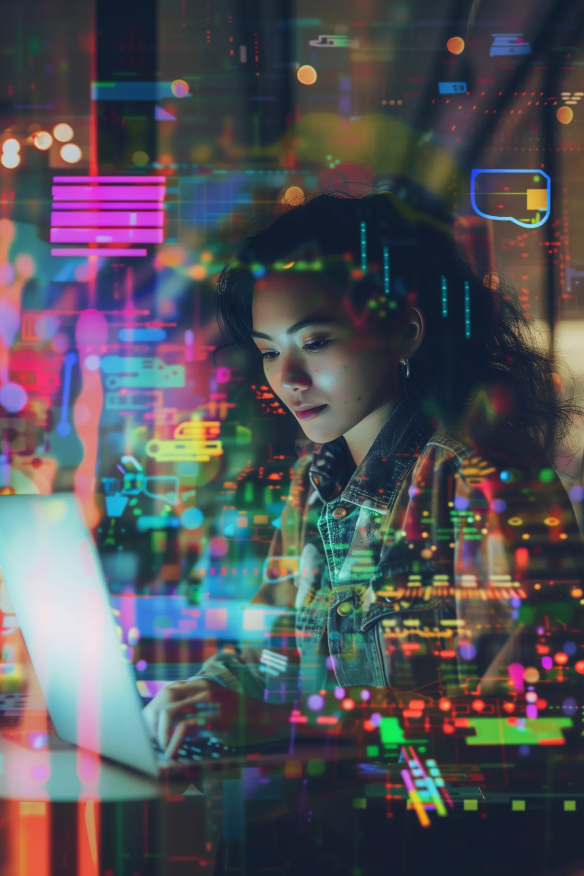 Frau an einem Laptop, umgeben von digitalen und leuchtenden Grafiken, die die Komplexität und Dynamik des digitalen Marketings veranschaulichen.