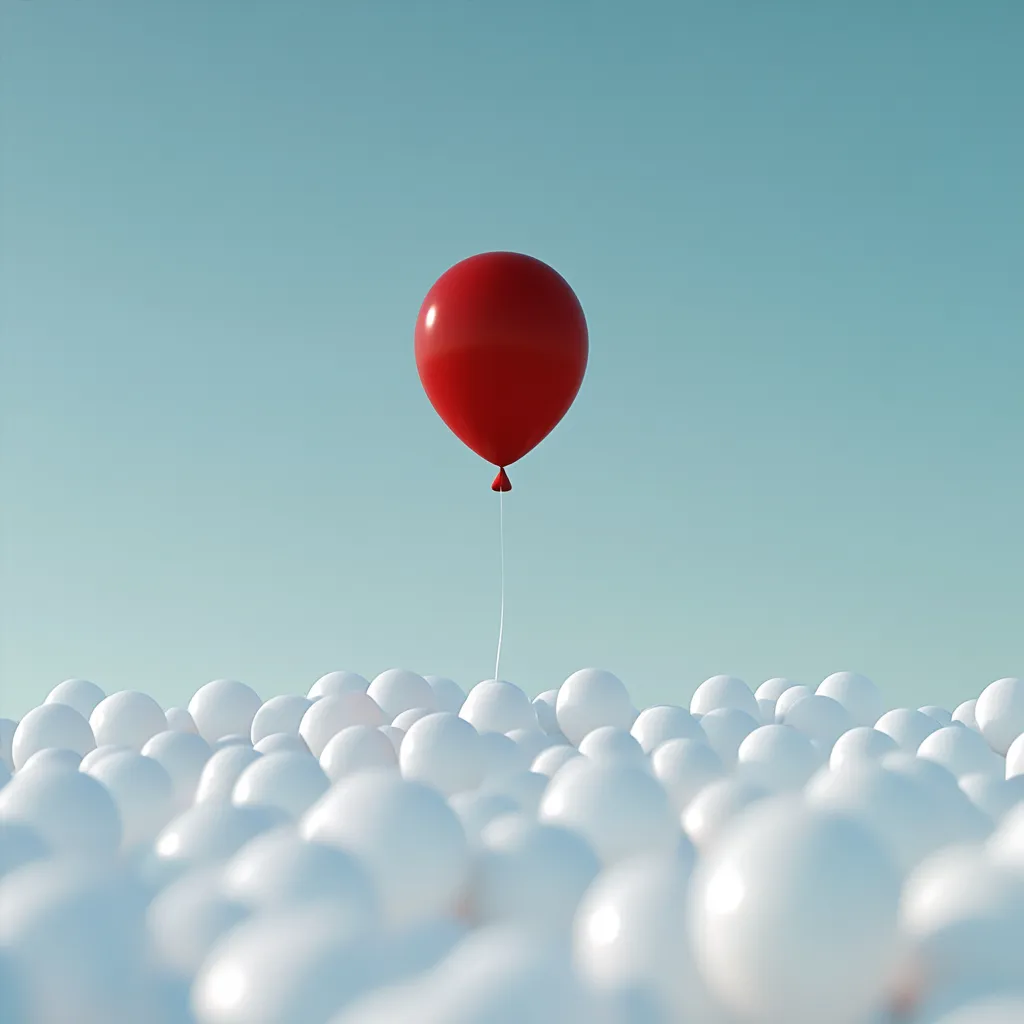 Ein roter Ballon, der aus einer Menge weißer Ballons hervorsticht, symbolisiert Einzigartigkeit.
